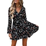 Voracale Donna Abito Elegante Abito da Spiaggia Sexy da Ragazza Donna Abito con Scollo a V Profondo a Maniche Lunghe Mini Abi