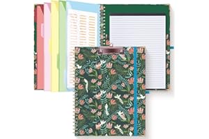 ‎HAUTOCO HAUTOCO Klemmbrett mit auswechselbarem liniertem Notizblock, A4 Spiralblockhalter mit 5 Trennblättern und Dokumententaschen für Büro, Schule, Blumenvogel