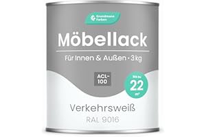 GRUNDMANN FARBEN Grundmann Möbellack ACL 100 - Weiss 3 Kg - Lösemittelfrei & Geruchsarm - 4in1 Möbelfarbe inkl. Grundierung - Innen und Außen - Für Holz, Metall & Kunststoff - RAL 9016 Verkehrsweiss