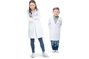 Chrysotex Kids Lab Coat for Children, 100% Cotton, Safety Snap Buttons, 4-14 Years,Three Pockets, Full Length, White, Chest Hip Pocket, Durable, Boys Girls, Fasteners, School, Real Lab Coat, 200 GSM