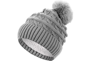 Sibba Bonnet d'hiver à pompon pour femme avec doublure en polaire thermique avec pompon en fausse fourrure