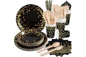 DN DENNOV 120 Pièces Ensemble D'assiettes en Papier Jetables Noir⩔,Vaisselle de Fête Papier Assiette Serviette Tasses Avec Pailles Couverts Pour Anniversaire Mariage Anniversaire Décoration (24 Invités)