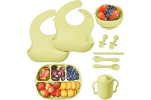 Baby Geschirrset - MumEZ 9 Stücke Silikon Baby Essen Set,Kindergeschirr Set Mit Saugnapf, Geschirrset Baby, Kinderteller Schüssel Lätzchen Tasse Löffel, Lila…
