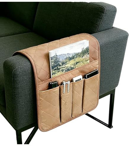 Organizer Da Bracciolo Per Divano E Poltrona Con 5 Tasche | Portaoggetti Appendibile In Poliestere Impermeabile, Per Telecomandi, Riviste, Tablet, Grigio - 3
