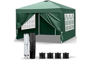 Outopee Pop Up Gazebo, 3m x 3m Portable Instant Canopy Tent with 4 SideWalls, 4 Sandbags & 1 Vent, Outdoor Gazebo for Commercial Events, Party, Backyard BBQ, Camping, Green