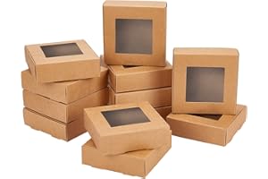 NBEADS 24 Confezioni Regalo, Scatole Di Carta Piegate di Natale Scatole Per Gioielli Per Biscotti Dolcetti Kraft Con Finestra 6x6 cm Per Dolcetti Di Festa Imballaggi Da Forno, 10x10x3cm