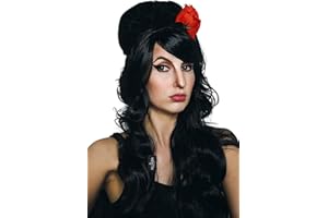 ALLAURA Compatible with Amy Winehouse Wig – Black Beehive Wig with Red Flower for Women & Girls – Long Curly 90s Costume Hairpiece, Retro Pop Star Look, Halloween Vampire, Music Icon Cosplay Accessory