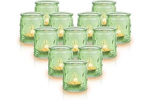 Hommdiy Tea Light Candle Holders Set of 12 Glass Candle Holder 2.6" Hight Have Beautiful Embossed Pattern Colorful Tealight Holders For Christmas, Bedroom, Diwali Decorations (Green)