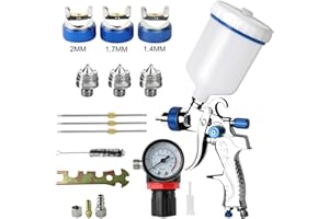 Awsuc HVLP Lackierpistole Spritzpistole 3 Düsen 1,4mm 1,7mm 2,0mm Profi Farbsprühsystem Spraypistole mit 600 ml Plastikbecher Mit Luftdruckregler