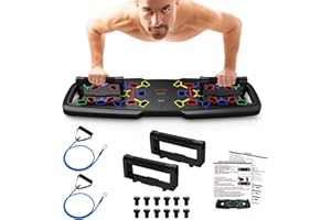DAXIONGMAO 20 in 1 Press Up Board with Resistance Bands，Different color-coded pushups board target specific muscle exercise (Blue for Chest/Red for Shoulders/Yellow for Back/Green for Triceps).