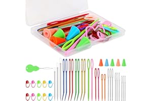 JSRQT Juego de agujas de hilo surtidas con marcadores de puntada, aguja de coser de plástico, tapiz doblado, tejido, darning, ojo grande romo para ganchillo