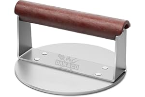 Dan&Co Heavy Duty Stainless Steel Smash Burger Press 6 Inch, 3mm Thick, Non Stick, Heat Resistant Wood Handle, Burger Smasher for Grill Griddle, Hamburger Bacon Steak Meat Patty Maker - UK Brand