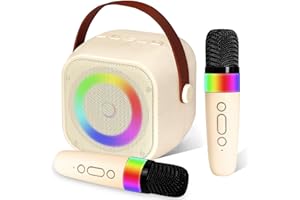 NFHKPA Karaoke con Microfono Bambini, Portatile Bluetooth Mini Karaoke per Bambini con 2 Microfoni Wireless, Microfono per Bambini con Luce LED ed Effetti Che cambiano la Voce (Bianco-2)