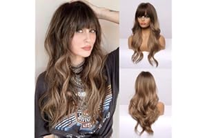 EMMOR Long Wavy Wigs with Fringe, Ombré Dark Blonde, Wigs for Women, Heat-Resistant Synthetic Wigs with Brown Roots for Daily Use, Parties, Cosplay (61 cm, Ombré Dark Ashy Blonde)