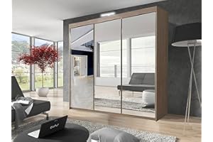 GERMAN SLIDING WARDROBE GSW Bedroom Furniture Modern Full 2 and 3 Mirror Sliding Door Wardrobe With Shelves And LED Light, Hanging Rail (250CM, Oak)