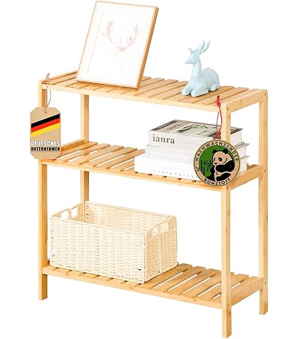 Relaxdays Etagère échelle 5 étages, Bain, Entrée Et Salon, Bambou &MDF, 7 Crochets, 160x90x38 Cm