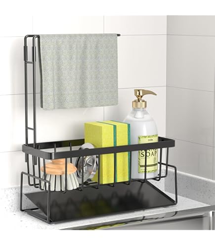 Wuudi Lavello da cucina con vassoio di scarico rimovibile, supporto spugna in acciaio inox, contenitore per lavello