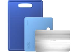 Linoroso Planche a Decouper Plastique 3 Set Grande Planches à Découper de Cuisine avec Rainuré Petite Planche à fruits Plateaux de décongélation Antidérapant Résistant aux Coupure - Bleu Classique