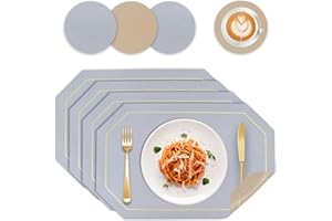 BOCHION Manteles Individuales y Posavasos, Juego de 4 Mantel Individual Lavables de Cuero, Mantel Individual Lavables Antideslizant, Rectangulares Salvamanteles Individuales Mesa, 43×30cm(Gris& Beige)