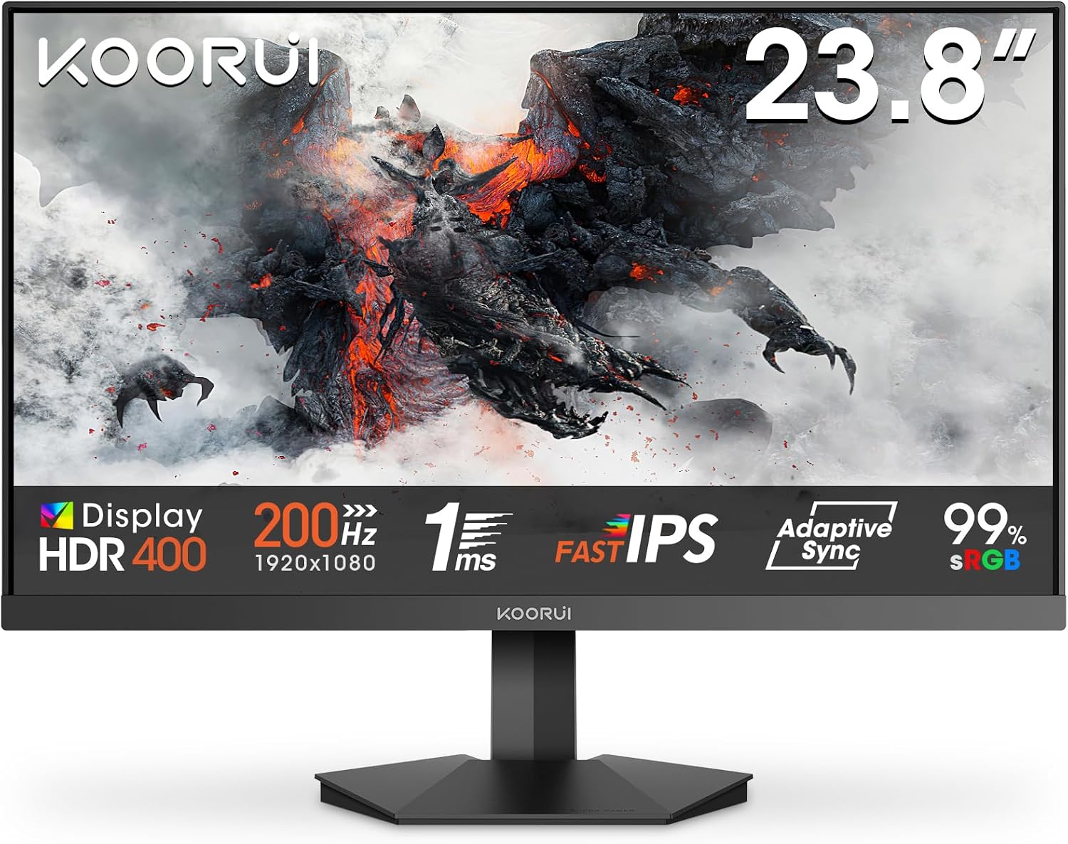 KOORUI G2411P 24 Inch Gaming Monitor, 200Hz, Fast IPS, HDR 400, Full-HD 1080P, 1ms, Adaptive Sync, VESA Mountable, HDMI/DP, Low Blue Light, 99% SRGB