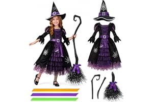 MeYuxg Häxkostym barn, 3-delad lila halloween häxkostym barn | Häxkostym barn från en klänning, häxhatt och kvast, kostym häx