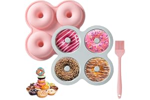 Jogoico Stampi Ciambelle Silicone 2 Pezzi, Stampo per Ciambelle in Silicone di Cottura 4 Cavità, Stampo Donuts Teglia Antiaderente e Pennello da Cucina per Muffin, Cupcake, Biscotti, Bagel, Dolci