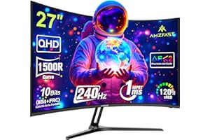 Amzfast Écran PC Gaming 27 Pouces Incurvé, 2K QHD(2560 x 1440), 240Hz Moniteur, 1Ms MPRT, 1500R, sRGB 120%, Adaptive Sync, Low Blue Light,VESA 100 * 100, HDMI 2.0 * 2/DP 1.4 * 2, AMZG27C1Q Pro