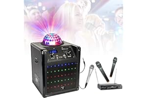 Party Light & Sound - Pack Enceinte Karaoke sur Batterie Bluetooth USB SD Boost-KUBELED-BK - 2 Micros sans Fil - 1 Micro Filaire - Télécommande - Enfant