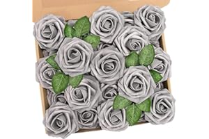 ‎N&T NIETING N&T NIETING Artificial Roses, Pack of 25, Foam Roses, with Stems, for Wedding Bouquets, Bridal/Baby Showers, Parties, Home Decorations, Silver