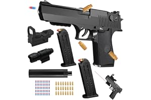 YCAAEO Pistolet Jouet Enfant, Pistolet Jouet avec Balles Souples, Armes en Jouet, EVA Mousse Jouet Blaster avec 50 Soft Bullet,24 Jeu de Coque,2 Chargeurs/Silencieux/Viseur Infrarouge,Desert Eagle (Noir)