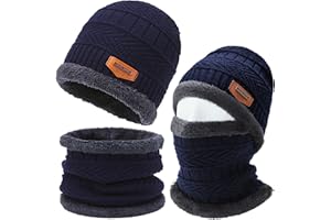 Axinyijia Ensemble Bonnet Tour de Cou Homme Hiver, Bonnet d'hiver Doublés de Polaire et Cache Cou Homme, Chapeau et Écharpe à Boucle pour Hommes