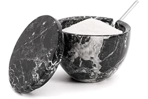 MARBLOUS KRAFTS Saliera in marmo con coperchio e cucchiaio, 10,2 x 7,6 cm, nero zebrato, fatto a mano, contenitore per spezie e condimenti, decorazione da tavolo da cucina, ideale per sale e pepe