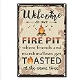 CREATCABIN Welcome to Our Fire Pit Metal Tin Sign Vintage Funny Camping Signs for Home Kitchen Farm Garden Garage Wall Decor, 8 x 12 Inch
