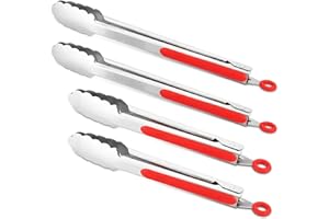 ALLWIN-HOUSEWARE W 304 Stainless Steel Kitchen Cooking Tongs, 9" and 12" Set of 4 Sturdy Grilling Barbeque Brushed Locking Food Tongs with Ergonomic Grip, Red