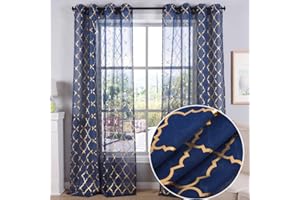 Kotile Eyelet Voile Curtains Sheer Foil Print Moroccan Pattern Baby Room 2 Panels Moroccan 52"x84" Navy Blue Sheer - Gold Moroccan