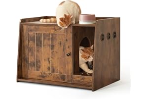 Mondeer Maison de Toilette pour Chat, Niche pour Chat en Bois avec Porte et Trous de Ventilation, Grand Plateau Supérieur, Industriel Armoire pour Chat pour Salon Chambre Couloir, Marron Rustique