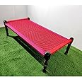 Rajasthani Wooden Khatiya Khaat | Traditional Handcrafted Wooden Charpai Bed | 6x3 Feet | Solid Wood Frame with Durable Cotton Ropes for Home, Garden, or Outdoor Use (Red Pink)