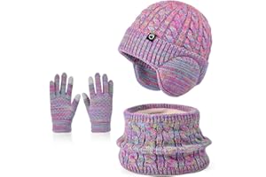 Enwokran Winter Mütze Schal Handschuh Sets Mädchen Strickmütze Warme Mütze Jungen Wintermütze Fleece Winterschal Elastische Beanie Ohrenklappe Hut Schal Touchscreen-Handschuhe Kinder 4-10 Jahre