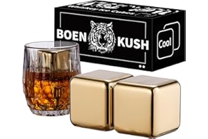 BOENKUSH Whisky Steine – 2 große 64 cm³ wiederverwendbare Edelstahl Metall Eiswürfel Getränke kühl Whisky steine für Rotwein, Bier, Scotch, Wodka-Getränke – Golden