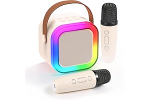 Fede Karaoke Machines for Kids Adults, Mini Karaoke Machine with 2 Wireless Microphones, Portable Bluetooth Speaker with Voice Changing Effects & LED Lights, Best Gifts Toys for Girls and Boy Beige