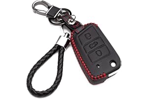KASER Carcasa Funda de Piel con Llaveros para Llave Volkswagen VW MK7 Golf 7 Tiguan Touran 2017 Skoda Octavia Seat Leon 3 Botones Protección Cuero Sintético de Mando a Distancia Coche (Costuras Rojas)