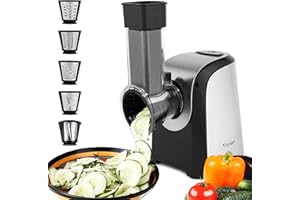 HOPEKINGS Meykey Rallador Electrico, Cortador de Verduras y Fruta Eléctrico 150W con 5 Accesorios y Tubo de Alimentación Grande, para Sus Verduras y Fruta, Sin BPA