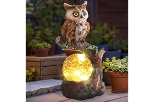 ‎JJALIGHTS JJALIGHTS Solar-Eulenfigur, Eulen Deko Garten mit Solar Ball wasserdicht für Draußen Balkon Terrassen Geschenke für Frauen Männer Mama Geburtstag 24CM