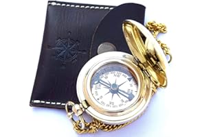 NAUTICAL REPLICA HUB Handmade Brass Push Open Compass On Chain With Leather Case, Pocket, Gift For Hiking And Camping
