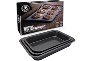 FUSION BLISS SHOP Fusion Bliss Non-Stick Baking Tray Set for Oven – Heavy Duty Carbon Steel Roasting Trays & Oven Trays – Bakeware for Cookies, Cakes, Roasting Tin, and More – Cooking Trays Assorted (Pack of 3)