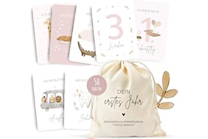 MeinBaby123® Meilensteinkarten "Dein erstes Jahr" | Meilenstein Karten Set Geschenk zur Geburt | Fotokarten für das erste Jahr | 50 Karten Inkl. Baumwollsäckchen (rosa)