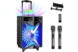 VeGue Karaoke Machine with 2 Wireless Microphones, 10" Big Subwoofer Portable PA System Bluetooth Speaker with Disco Ball, Tablet Holder, Ideal for Home Karaoke, Party, Outdoor Events (1088US)
