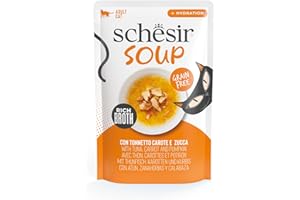 Schesir, Soupe aux Filets de Thon aux Carottes et Citrouille, Nourriture Humide complémentaire pour Chats, Recette Originale, 100% Naturelle, 12 enveloppes de 40 g