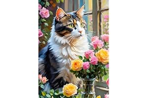 DPHERO Calico Cat Diamond Painting Kits for Beginners Adults,5D DIY Rose Flowers Diamond Art Kits,Round Full Drill Window Gem Art Crafts,DIY Kitten Painting by Numbers for Home Wall Decor 12x16 inch