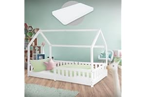 ‎ML DESIGN MODERN LIVING ML-Design Kinderbett 90x200 cm Weiß mit Matratze H:10cm, Rausfallschutz, Dach, Lattenrost, aus Kiefernholz, Hausbett für Mädchen & Jungen, Bodenbett Bettenhaus Spielbett Jugendbett Kinderhaus Holzbett